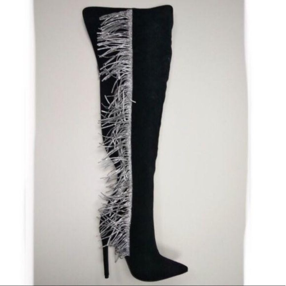 Thigh Hi Boots w/ Rhinestone Fringe in Black - Picture 5 of 10